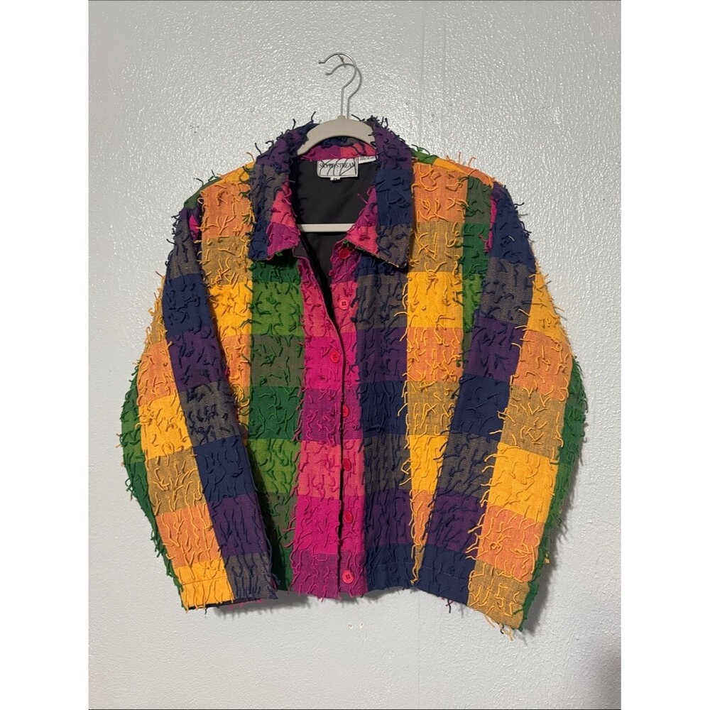 Vintage 90s Life Style Shaggy Patchwork Plaid Jacket Colorblock Fringe Shacket M